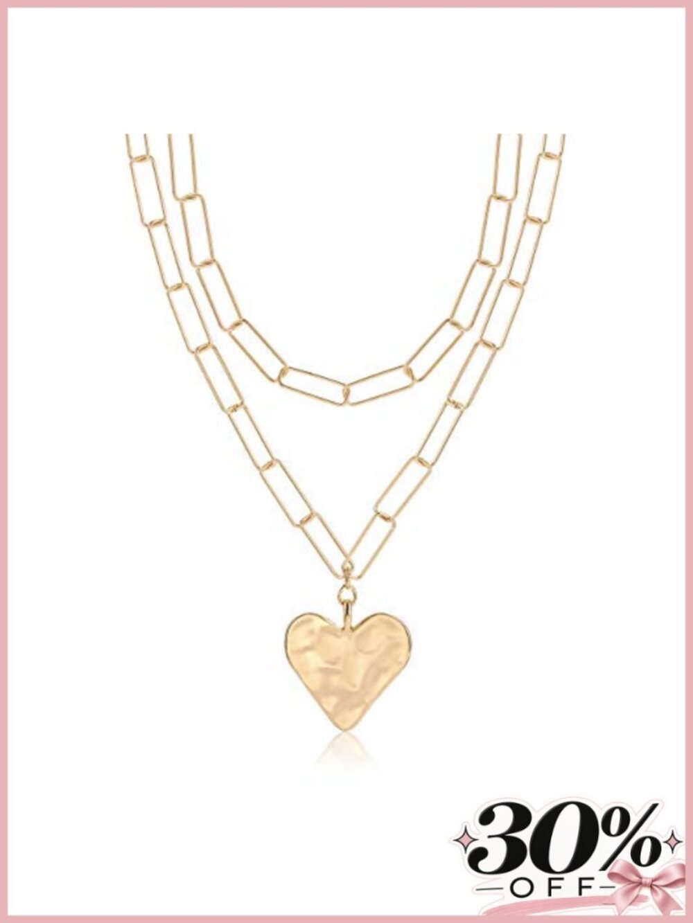 Layered Paperclip Chain Choker Necklace with Hammered Heart Pendant for Women